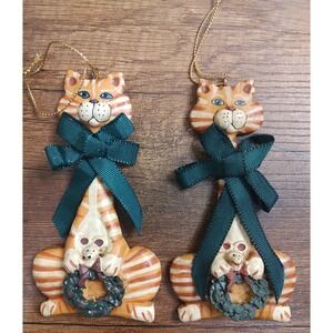 Kurt Adler Christmas Ornament Orange Tabby Cat Bow Wreath Mouse 4.75" Resin Pair